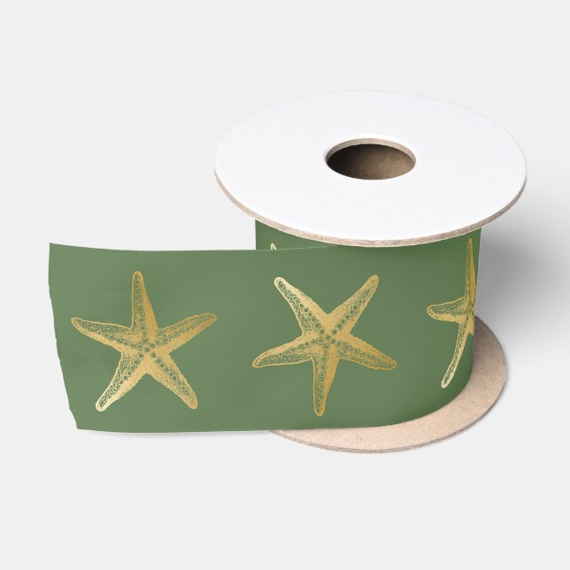 Coastal Christmas Holiday Green and Gold Starfish Satin Ribbon (Spool)