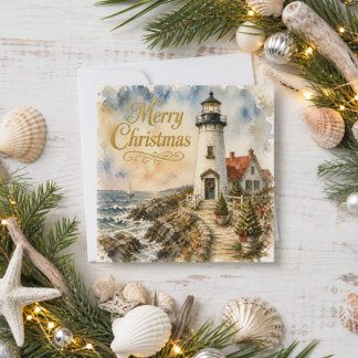 Coastal Christmas Lighthouse Nautical Holiday Card