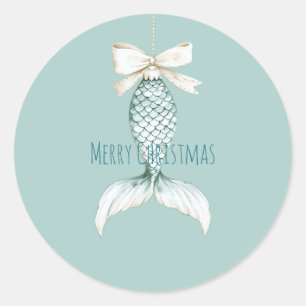 Coastal Christmas Mermaid Bow Blue Beach Ocean   Classic Round Sticker