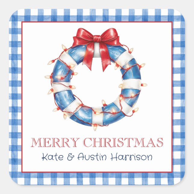 Coastal Christmas Nautical Life Preserver Wreath Square Sticker (Front)