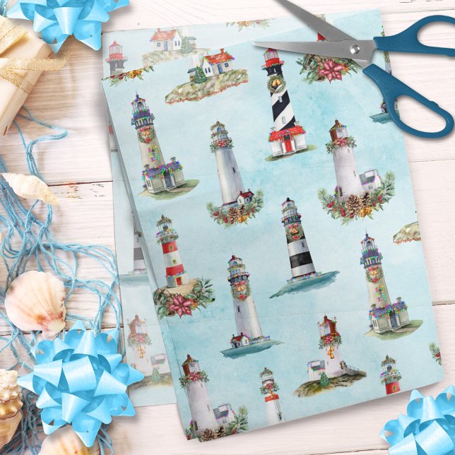 Coastal Christmas Nautical Lighthouses Blue Tissue Paper (Creator Uploaded)