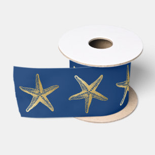 Coastal Christmas Navy Blue Gold Starfish Satin Ribbon