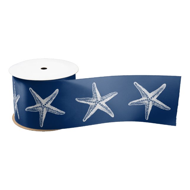 Coastal Christmas Navy Blue White Starfish  Satin Ribbon (Spool)