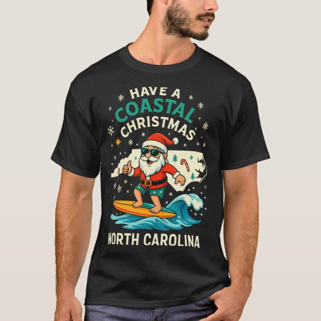 Coastal Christmas Nc Shirt Santa Surfing Funny Wav (Front)