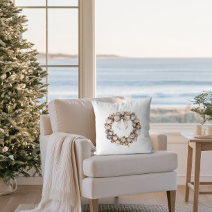 Coastal Christmas Oyster Shell Wreath Holiday Throw Pillow