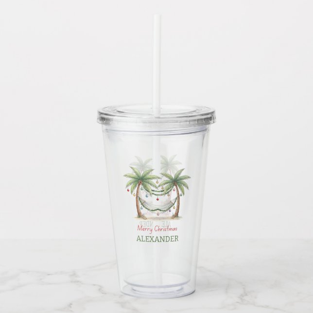 Coastal Christmas Palm Trees With Hammock Acrylic Tumbler (Front)