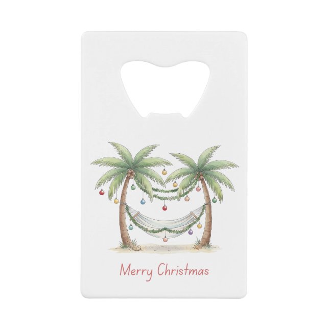 Coastal Christmas Palm Trees With Hammock Credit Card Bottle Opener (Front)