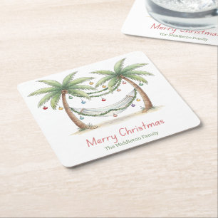 Coastal Christmas Palm Trees With Hammock Square Paper Coaster