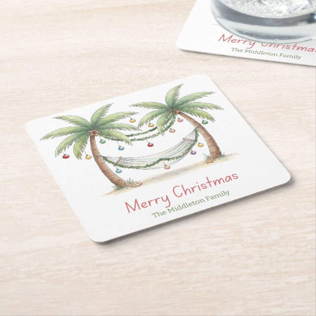 Coastal Christmas Palm Trees With Hammock Square Paper Coaster (Angled)