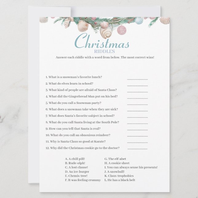 Coastal  Christmas Riddles game card (Front)
