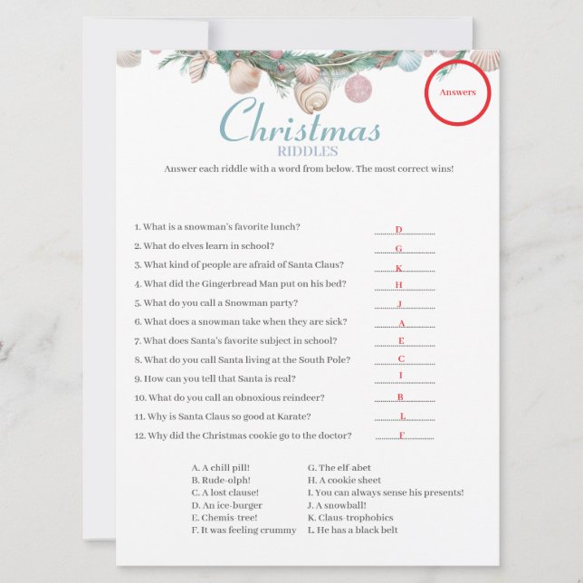 Coastal Christmas Riddles jeu Carte de réponse (Devant)
