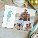 Coastal Christmas Seahorse Aqua Teal 3 Photo Holiday Card<br><div class="desc">This coastal themed 3 photo Christmas card features a cute aqua blue glitter seahorse, with Seas n' Greetings script. The back has a festive holiday coastal pattern of glitter seahorses, shells, and holly sprigs. Check out the collection for matching products and other colorways, or message me through Zazzle Chat if...</div>
