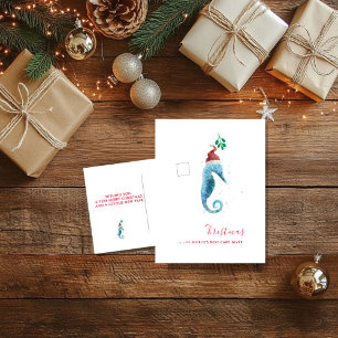 Coastal Christmas SeaHorse Care Giver Watercolor Holiday Postcard