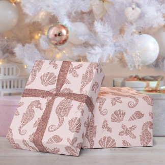 Coastal Christmas Seahorse Rose Gold Glitter Pink Wrapping Paper