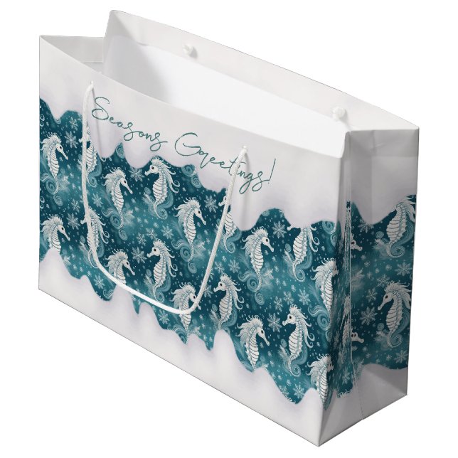 Coastal Christmas Seahorse & Snowflakes #13 ID1009 Large Gift Bag (Front Angled)