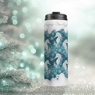 Coastal Christmas Seahorse & Snowflakes #13 ID1009 Thermal Tumbler