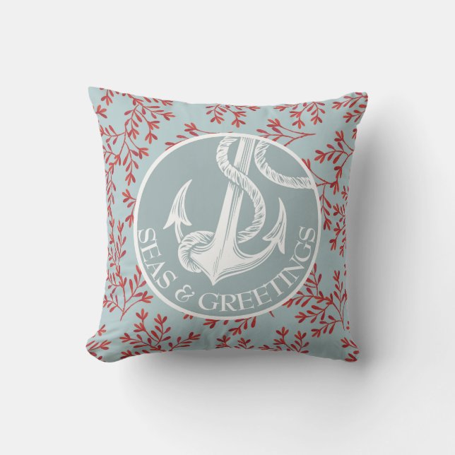 Coastal Christmas Seas & Greetings Nautical Anchor Outdoor Pillow (Front)