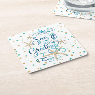 Coastal Christmas SEAS & GREETINGS Square Paper Coaster