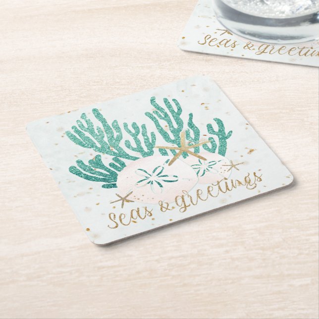 Coastal Christmas SEAS & Greetings Starfish Coral Square Paper Coaster (Angled)