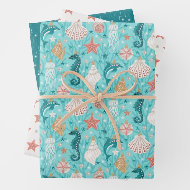 Coastal Christmas Set of Three Wrapping Paper Sheet (In situ)