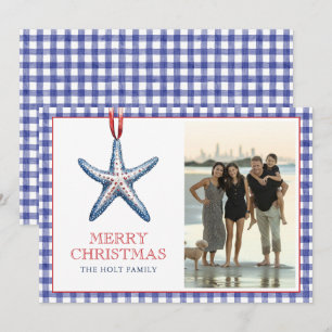 Coastal Christmas Starfish Ornament Gingham Photo Holiday Card