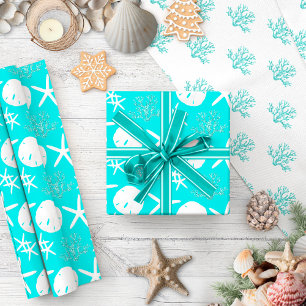 Coastal Christmas Starfish Sand Dollar Aqua  Wrapping Paper