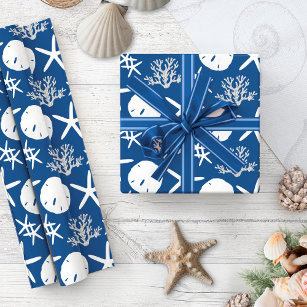 Coastal Christmas Starfish Sand Dollar Navy Blue  Wrapping Paper