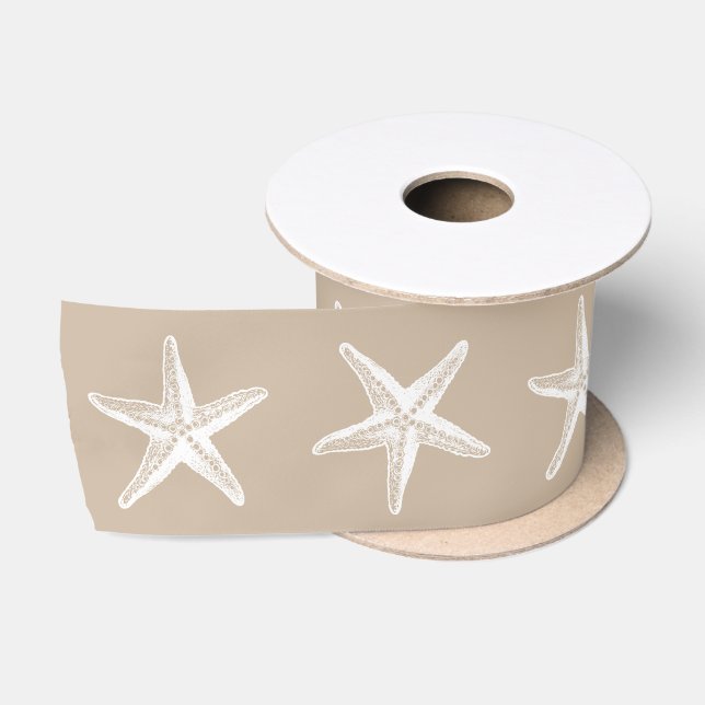 Coastal Christmas Tan Kraft White Starfish Satin Ribbon (Spool)