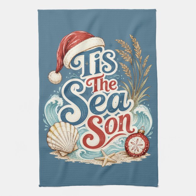 Coastal Christmas Tis Sea Son Typography Kitchen Towel (Vertical)