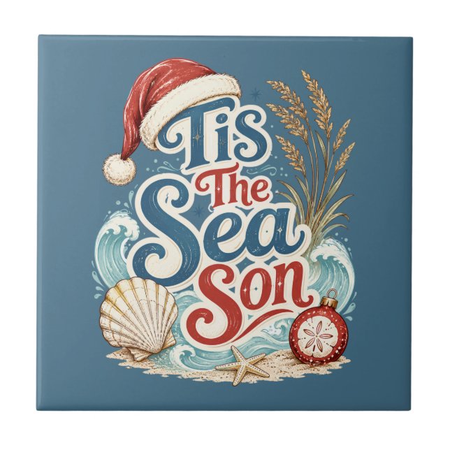 Coastal Christmas Tis Sea Son Typography Tile (Front)