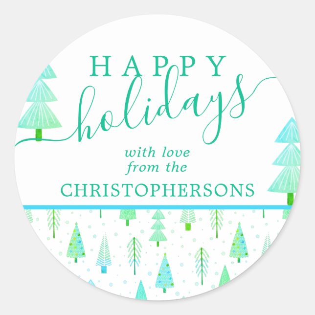 Coastal Christmas Trees HAPPY HOLIDAYS Script Classic Round Sticker (Front)