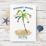 Coastal Christmas | Warm Wishes Tropical Palm Tree Holiday Card<br><div class="desc">Coastal Christmas theme holiday flat card featuring a palm tree decorated with ornaments on a tropical beach with gold sand and a  'Warmest Wishes' greeting. Reverse side features hand-painted,  rustic nautical blue and white stripes. Art by KL Stock.</div>