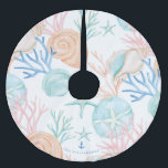 Coastal Christmas Watercolor Seashell Pattern Brushed Polyester Tree Skirt<br><div class="desc">Who needs snowflakes when you have seashells! Capture a cool nautical casual and coastal vibe this holiday sea-son with our coastal seaside-inspired holiday Christmas collection. We've hand-painted beautiful watercolor ocean coral, sand dollars and seashells in splashes of coastal blue, rosy pink, sandy white, teals, and peach shades to create a...</div>