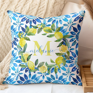 Coastal Citrus & Blue Tiles Custom Name Monogram Throw Pillow