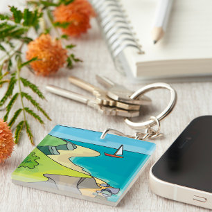 Coastal Cliff Beach Sailboat Keychain