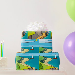 Coastal Cliff Beach Sailboat Wrapping Paper