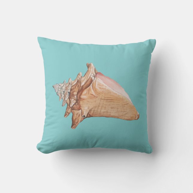 Coastal Conch Motif Aqua Throw Pillow (Front)