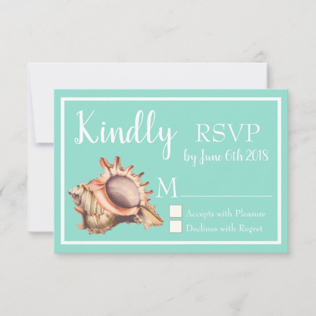 Coastal Conch Seashell & Sea Glass Green RSVP (Front)