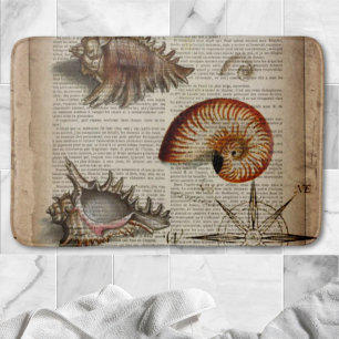 coastal conch vintage seashell botanical print bath mat