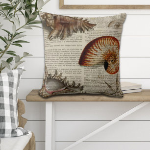 coastal conch vintage seashell botanical print throw pillow