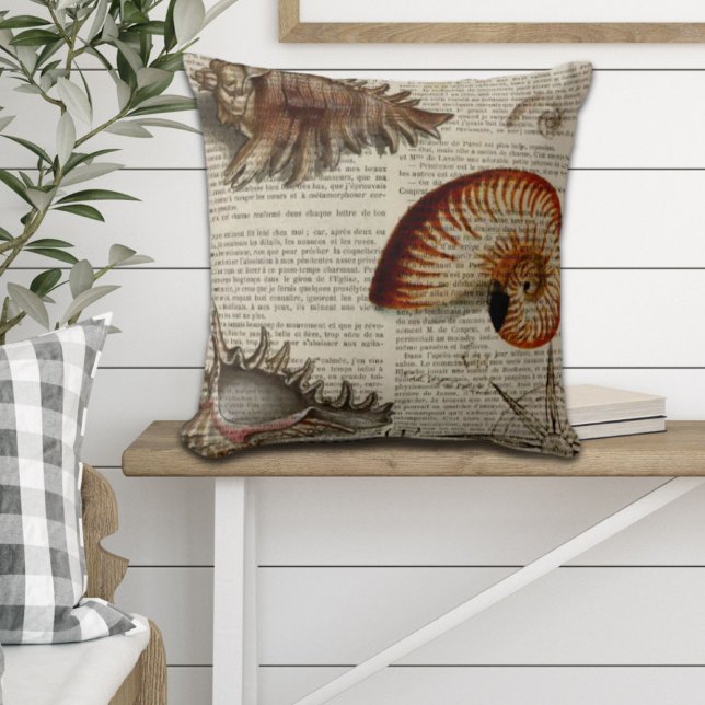 coastal conch vintage seashell botanical print throw pillow (coastal conch vintage seashell botanical print throw pillow)