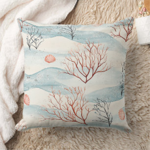 Coastal Coral and Seashells in Rust Orange & Blue Throw Pillow