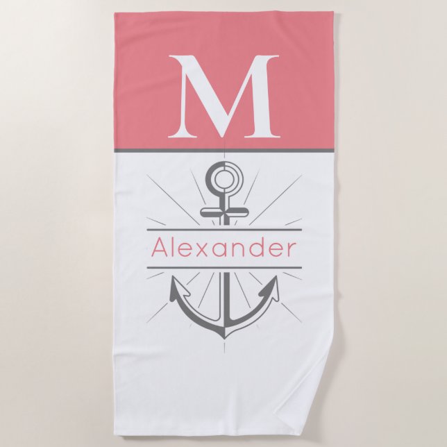 Coastal Coral Grey White Anchor Nautical Monogram Beach Towel (Front)