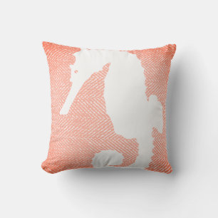 Coastal Coral Herringbone & White Seahorse Throw Pillow