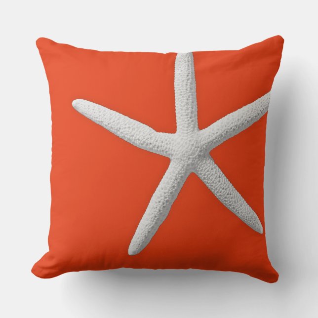 Coastal Coral Orange Tropical White Starfish Beach Throw Pillow (Front)