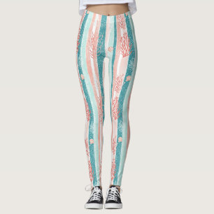 Coastal Coral Stripe Beach Pattern Leggings