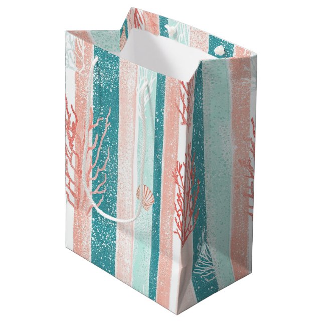 Coastal Coral Stripe Beach Pattern Medium Gift Bag (Front Angled)