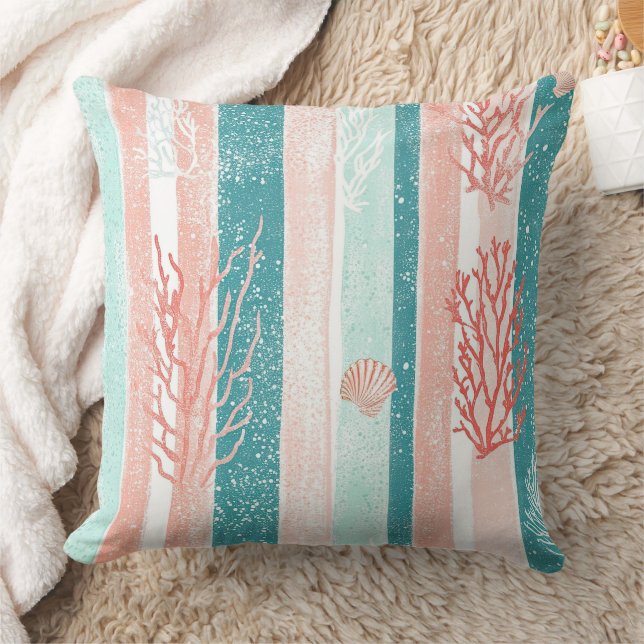 Coastal Coral Stripe Beach Pattern Throw Pillow (Blanket)