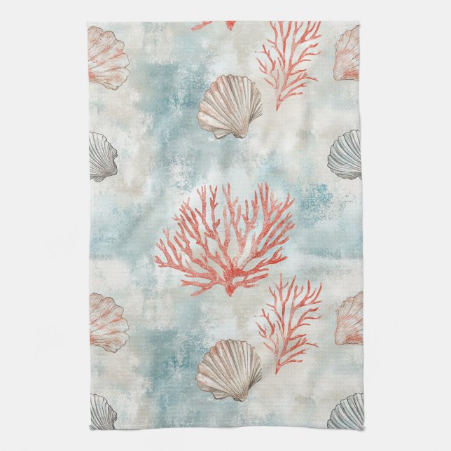 Coastal Cottage Aqua Seashell Pattern Kitchen Towel (Vertical)
