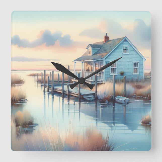 Coastal Cottage at Sunrise Marsh Square Wall Clock (Front)